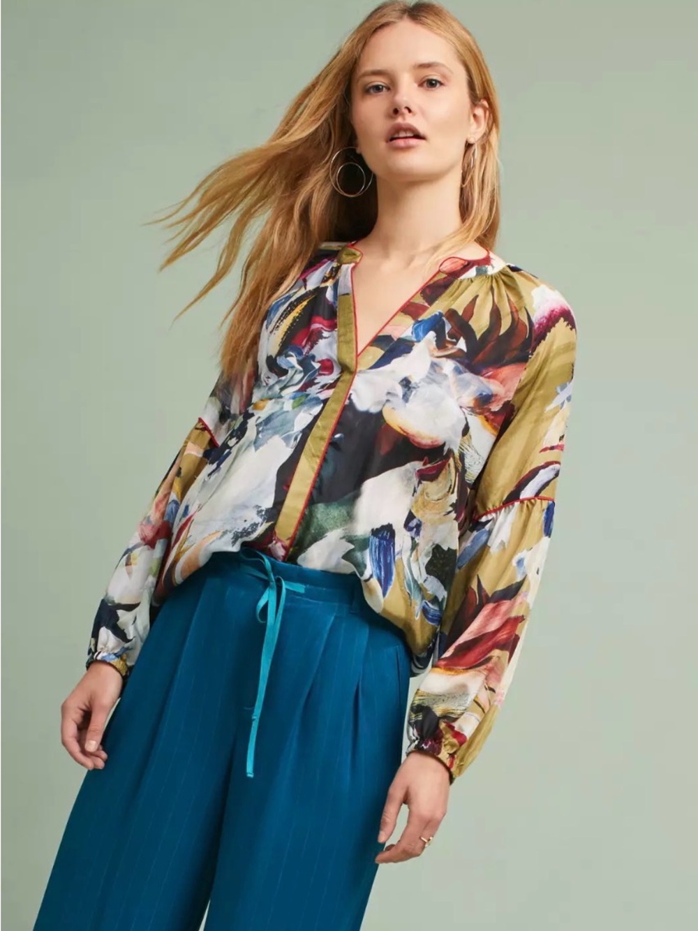 Anthropologie Vineet Bahl 100% Silk Sunbound Blouse Peasant Top Painterly